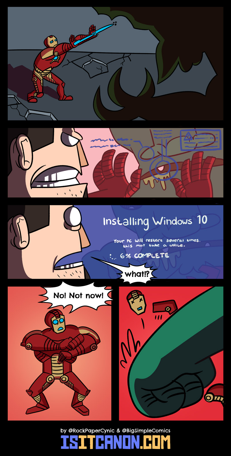 Iron Man is trying to save the planet but Windows 10 is all like HEY IS THIS A GOOD TIME TO UPDATE?