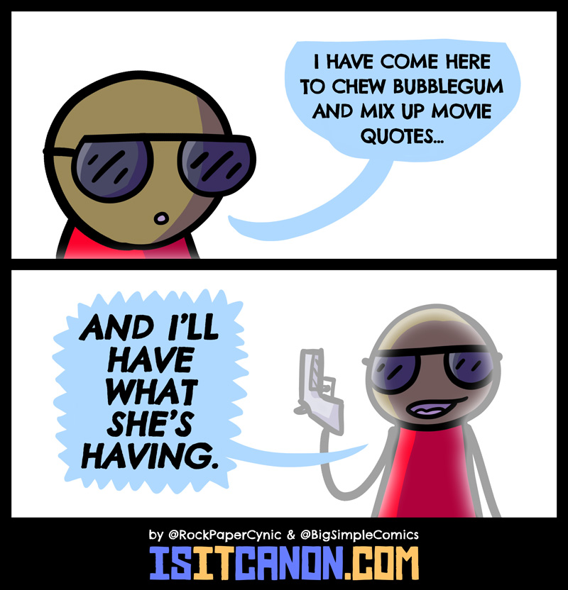 A terribly silly comic about mixing up movie quotes. Say hello to my little friend.