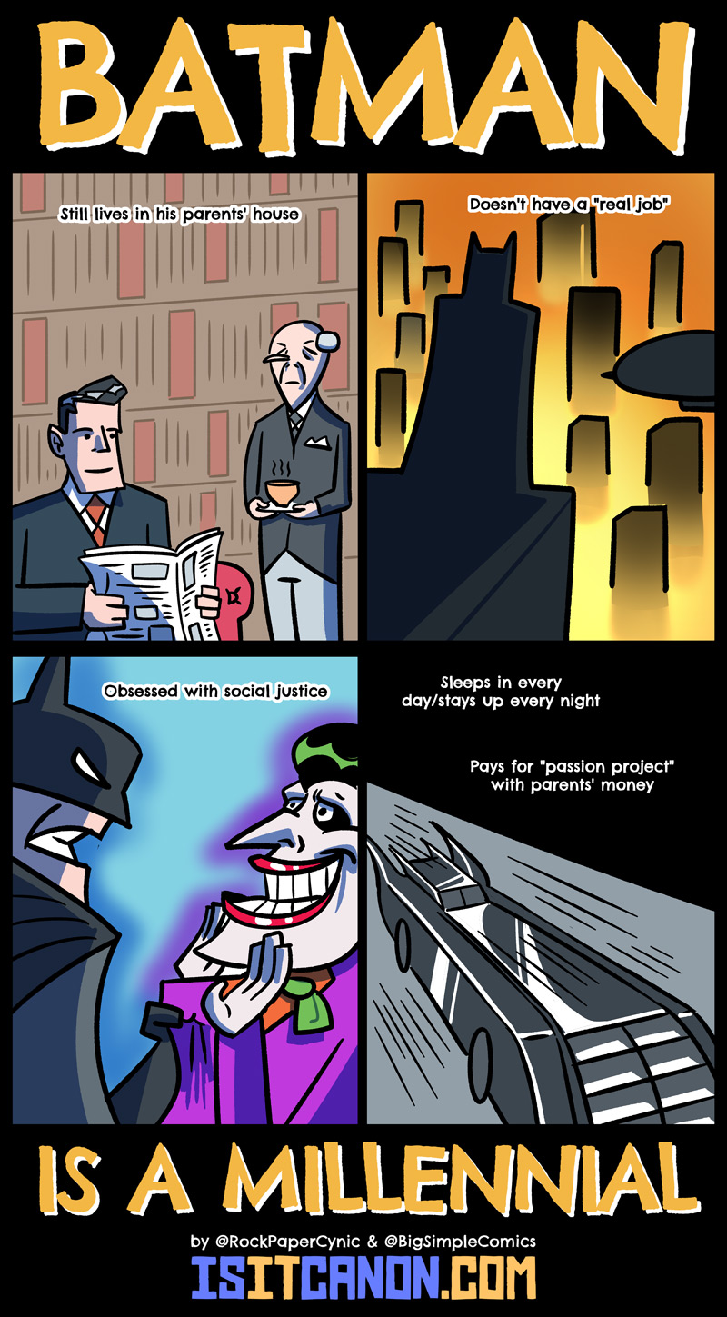 If you think about it, Batman's lifestyle makes it seem like he is 100% a millennial. Here's why.