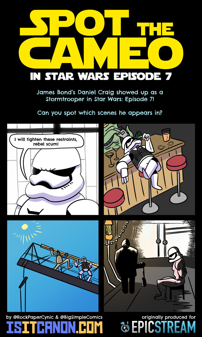 SPOT THE CAMEO! Daniel Craig in Star Wars: The Force Awakens Did you know Daniel Craig appears as a Stormtrooper in Star Wars: The Force Awakens? Can you spot which scenes from Episode 7 the James Bond star appears in?